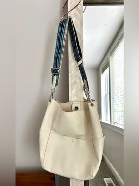 Bucket Tote/Shoulder Bag with Adjustable Striped Strap - Cream
